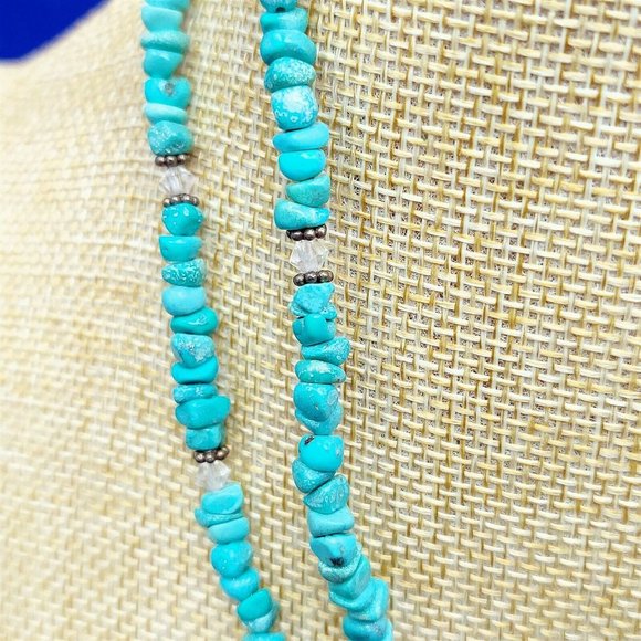 Necklace Choker Turquoise Stone Clear Bead Feather Charm Slide Clasp Vintage 14" - Picture 4 of 8